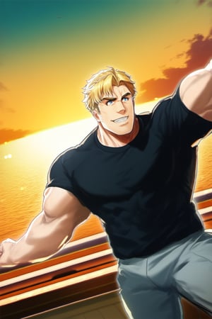 score_9,score_8_up,score_7_up, (solo male), Lewis Smith, (blond hair), short hair, blue eyes, ((pure black t-shirt, untucked t-shirt, hems, grey military pants)), upperbody, handsome, charming, alluring, grin, (mature male, muscular, masculine face, virile, manly, beefy), standing, (cowboy shot, dutch angle), perfect anatomy, perfect proportions, best quality, masterpiece, high_resolution, dutch angle, photo background, science fiction, mecha, cinematic still, emotional, harmonious, bokeh, cinemascope, moody, epic, gorgeous, on flight deck of aircraft carrier, ocean, sky outdoor, sky