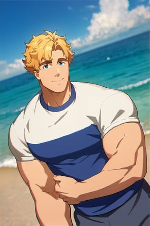 score_9,score_8_up,score_7_up, solo male, Lewis Smith \(Bang Brave Bang Bravern\), (blond hair), short hair, blue eyes,  blue t-shirt, grey shorts, mature, muscular, beefy, masculine, handsome, charming, alluring, standing, upper body,  affectionate eyes, lookat viewer, (perfect anatomy), perfect proportions, best quality, masterpiece, high_resolution, dutch angle, cowboy shot, photo background, ocean, blue sky
