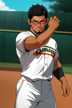 (1 image only), solo male, bara, Kyoichi Ootomo, Live A Hero, Asian, Japanese, hero, short hair, black hair, green streaked hair, sideburns, black eyes, facial hair, goatee, (wore glasses), tan skin, white bandaid on nose, glasses, complete topless, shirtless, white baseball pants, shy, blush, smile, mature, handsome, charming, alluring, standing, perfect anatomy, perfect proportions, (best quality, masterpiece), (perfect eyes, perfect eye pupil:1.2), perfect hands, high_resolution, dutch angle, Baseball Players,Baseball Players, baseball field, sweaty skin, shiny skin, fighting_stance, competitive photo, studio photoshoot