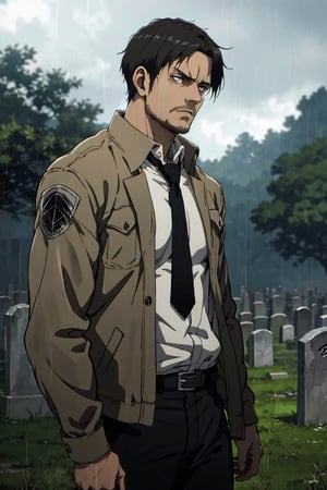 solo male, Artur Braus, Attack on Titan Anime style, shaggy brown hair, brown eyes, sideburns, stubble, pure white collared shirt, black necktie, (simple black jacket, close jacket, buttoned up jacket:1.2), long sleeves, black pants, middle-age, mature, handsome, charming, alluring, standing, upper body, perfect anatomy, perfect proportions, best quality, masterpiece, high_resolution, cowboy shot, photo background, green field graveyard, rainy, sad, haggard, calm, front view
, aot style,aot style
