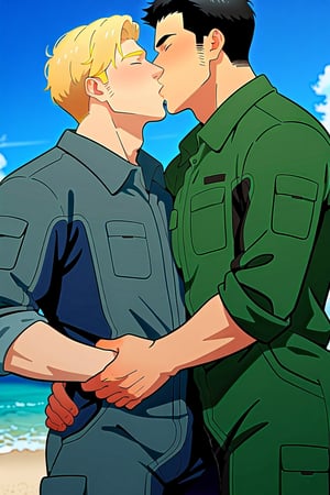 score_9,score_8_up,score_7_up, (two men, couple, duo:1.5), gay, bara, (kiss:1.5), hand on waist, looking at viewer, Isami Ao and Lewis Smith in jumpsuit, perfect anatomy, perfect proportions, best quality, masterpiece, high_resolution, dutch angle, cowboy shot, photo background, black undershirt, grey pilot, green pilot jumpsuit, on flight deck of aircraft, day, blue sky, ocean, look at each other, (perfect hands)