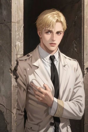 solo male, Colt Grice, blond hair, light hazel eyes, tall, Marleyan soldier uniform, (white collar, shirt, black necktie:1.2), (light trench coat, light pants), tall combat boots, young, handsome, charming, alluring, standing, (portrait, headshot, close-up:1.3), perfect anatomy, perfect proportions, best quality, masterpiece, high_resolution, dutch angle, photo background, medieval italian city wide avenue, day, high building, multiple floor townhouse,masterpiece,1boy
