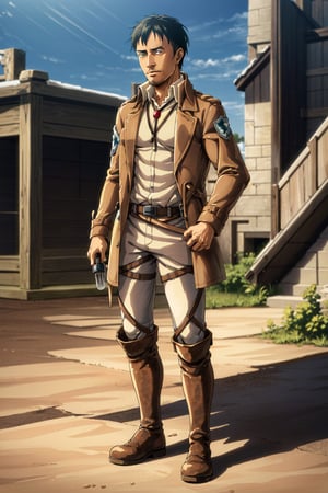 (1 image only), solo male, 1boy, Nile Dok, Attack on Titan, lean, facial hair, light mustache, light goatee, dark brown eyes, black hair, short hair, white collared shirt, (green military trench coat:1.3), bolo tie, white pants, black boot, handsome, mature, charming, alluring, full body in frame, perfect anatomy, perfect proportions, 8k, HQ, (best quality:1.2, hyperrealistic:1.2, photorealistic:1.2, masterpiece:1.3, madly detailed photo:1.2), (hyper-realistic lifelike texture:1.2, realistic eyes:1.2), high_resolution, perfect eye pupil, dutch angle,Nile Dok 