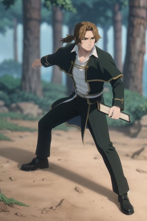 solo male, Sein \(Frieren: Beyond Journey's End\), priest, brown hair, low ponytail, parted bangs, thin hair, stubble, green eyes, white collared shirt, (shirt white hems, untucked shirt:1.3), dark coat with a golden accent, dark capelet, dark sleeves, black pants, black footwear. open coat, mature, handsome, charming, alluring, serious, fighting stance, holding a book, magic, glowing, perfect anatomy, perfect proportions, best quality, masterpiece, high_resolution, dutch angle, cowboy shot, photo background, forest, Balance and coordination between all things), real light and shadow, perspective, composition, adventurous, energy, exploration, contrast, experimental, unique, cinematic, atmospheric, epi, ultrarealsitc