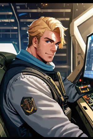 score_9,score_8_up,score_7_up, solo male, Lewis Smith, (blond hair), short hair, blue eyes, sideburns, (grey pilot jumpsuit, grey sleeves), (black tactical vest), mecha cockpit, (close-up, headshot:1.5), from front, mature, handsome, charming, alluring, (masculine, manly, hunk, beefy:1.3), intense eyes, v-shaped eyebrows, smile, look at viewer, sitting, huge industrial mecha, mecha cockpit, operator's seat, throttle, joystick, seatbelt, multiple monitor screen, perfect anatomy, perfect proportions, best quality, masterpiece, high_resolution, (symmetrical picture, front view:1.5), photo background, science fiction, mecha, multiple monitors, cinematic, war, mecha, robot, cinematic still, emotional, harmonious, vignette, bokeh, cinemascope, moody, epic, gorgeous, city ruins, inside the mecha 