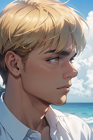 Armin Arlet(blonde hair,:1.2), (hazel eyes:1.4), fit body, pure white collared shirt, charming, alluring, dejected, depressed, sad, (standing), (upper body in frame), simple background(beach, sunny day, endless ocean, mid day), backlight, cloudy blue sky, perfect light, only 1 image, perfect anatomy, perfect proportions, perfect perspective, 8k, HQ, (best quality:1.5, hyperrealistic:1.5, photorealistic:1.4, madly detailed CG unity 8k wallpaper:1.5, masterpiece:1.3, madly detailed photo:1.2), (hyper-realistic lifelike texture:1.4, realistic eyes:1.2), picture-perfect face, perfect eye pupil, detailed eyes, realistic, HD, UHD, (front view, symmetrical picture, vertical symmetry:1.2), look at viewer, tear in eyes