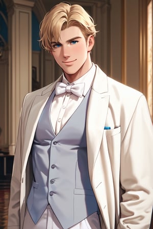score_9,score_8_up,score_7_up, solo male, Lewis Smith, (blond hair), short hair, blue eyes, (white suit, 3-piece tailcoat, white pants, white bowtie, open coat), [grey vest], (upperbody), cowby shot, dutch angel, mature, handsome, charming, alluring, masculine, smile, look at viewer, perfect anatomy, perfect proportions, best quality, masterpiece, high_resolution, photo background, cinematic still, gorgeous