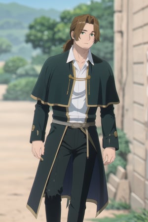 solo male, Sein \(Frieren: Beyond Journey's End\), priest, brown hair, low ponytail, parted bangs, thin hair, stubble, green eyes, white collared shirt, (shirt white hems, untucked shirt:1.3), dark coat with a golden accent, dark capelet, dark sleeves, black pants, black footwear. open coat, mature, handsome, charming, alluring, standing, upper body, perfect anatomy, perfect proportions, best quality, masterpiece, high_resolution, dutch angle, cowboy shot, photo background, old city