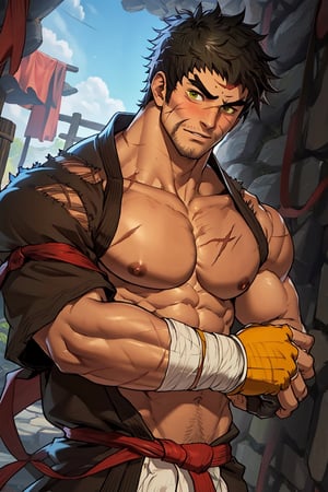 solo male, Grappler, Dungeon Fighter Online, black hair, short hair, brown eyes, thick eyebrows, forked eyebrows, stubble, green eyes, scars on face, scar on cheek, scar on chest, pectoral cleavage, yopless. shirtless, bottomless, (white fundoshi), yellow fingerless gloves, barefoot, bandaged hand, toned male, mature, handsome, charming, alluring, erotic, (blush, shy, clothes down, undressing), upper body, perfect anatomy, perfect proportions, ((perfect eyes, perfect, parfect fingers)), best quality, masterpiece, high_resolution, dutch angle, photo background