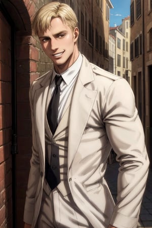 solo male, Colt Grice, blond hair, light hazel eyes, tall, Marleyan soldier uniform, (white collar, shirt, black necktie:1.2), light trench coat, light pants, tall combat boots, handsome, charming, alluring, thin smile, standing, (portrait, headshot, close-up:1.3), perfect anatomy, perfect proportions, best quality, masterpiece, high_resolution, dutch angle, photo background, medieval italian city wide avenue, day, high building, multiple floor townhouse