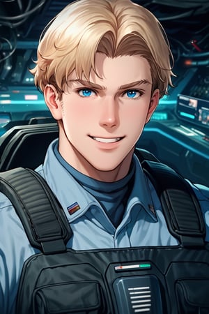 score_9,score_8_up,score_7_up, solo male, Lewis Smith, (blond hair), short hair, blue eyes, sideburns, (grey pilot jumpsuit, grey sleeves), (black tactical vest), mecha cockpit, (close-up, headshot:1.5), from front, mature, handsome, charming, alluring, masculine, manly, hunk, intense eyes, v-shaped eyebrows, smile, look at viewer, sitting, huge industrial mecha, mecha cockpit, operator's seat, throttle, joystick, seatbelt, multiple monitor screen, perfect anatomy, perfect proportions, best quality, masterpiece, high_resolution, (symmetrical picture, front view:1.5), photo background, science fiction, mecha, multiple monitors, cinematic, war, mecha, robot, cinematic still, emotional, harmonious, vignette, bokeh, cinemascope, moody, epic, gorgeous, city ruins, inside the mecha 