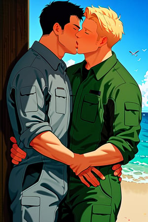 score_9,score_8_up,score_7_up, (two men, couple, duo:1.5), gay, bara, (kiss:1.5), hand on waist, looking at viewer, Isami Ao and Lewis Smith in jumpsuit, perfect anatomy, perfect proportions, best quality, masterpiece, high_resolution, dutch angle, cowboy shot, photo background, black undershirt, grey pilot, green pilot jumpsuit, on flight deck of aircraft, day, blue sky, ocean, look at each other