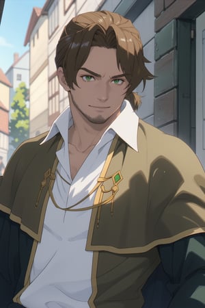 solo male, Sein \(Frieren: Beyond Journey's End\), priest, brown hair, low ponytail, parted bangs, thin hair, stubble, green eyes, white collared shirt, (shirt white hems, untucked shirt:1.3), (dark coat with a golden accent, dark capelet, dark sleeves:1.1), open coat, (portrait, close-up, headshot), slight smile, mature, handsome, charming, alluring, perfect anatomy, perfect proportions, best quality, masterpiece, high_resolution, dutch angle, photo background, old city