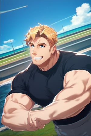score_9,score_8_up,score_7_up, (solo male), Lewis Smith, (blond hair), short hair, blue eyes, ((pure black t-shirt, untucked t-shirt, hems, grey military pants)), upperbody, handsome, charming, alluring, grin, (mature male, muscular, masculine face, hunky, virile, manly, beefy), standing, (cowboy shot, dutch angle), perfect anatomy, perfect proportions, best quality, masterpiece, high_resolution, dutch angle, photo background, science fiction, mecha, cinematic still, emotional, harmonious, bokeh, cinemascope, moody, epic, gorgeous, on flight deck of aircraft carrier, ocean, sky outdoor, sky