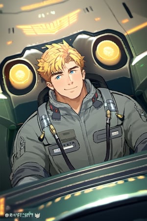 score_9,score_8_up,score_7_up, solo male, Lewis Smith \(Brave Bang Bravern\), ((blond hair)), short hair, blue eyes, (((grey pilot jumpsuit, gray pilot  jumpsuit, grey sleeves))), black boots, mature, handsome, charming, alluring, muscular, beefy, sitting, mecha cockpit, upper body, perfect anatomy, perfect proportions, best quality, masterpiece, high_resolution, dutch angle, photo background, science fiction, mecha, multiple monitors, cinematic, war,Lewis Smith