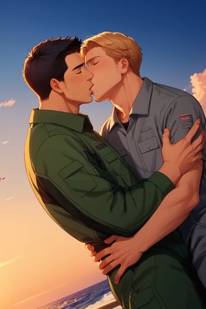score_9,score_8_up,score_7_up, (two men, couple, duo:1.5), homo, bara, (kiss:1.5), hand on waist, looking at viewer, Lewis Smith and Isami Ao in jumpsuit, perfect anatomy, perfect proportions, best quality, masterpiece, high_resolution, dutch angle, cowboy shot, photo background, black undershirt, grey pilot, green pilot jumpsuit, on flight deck of aircraft, day, blue sky, ocean, look at each other, (perfect hands)
