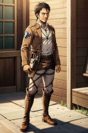 (1 image only), solo male, 1boy, Nile Dok, Attack on Titan, lean, facial hair, light mustache, light goatee, dark brown eyes, black hair, short hair, paradis military uniform, bolo tie, handsome, mature, charming, alluring, full body in frame, perfect anatomy, perfect proportions, 8k, HQ, (best quality:1.2, hyperrealistic:1.2, photorealistic:1.2, masterpiece:1.3, madly detailed photo:1.2), (hyper-realistic lifelike texture:1.2, realistic eyes:1.2), high_resolution, perfect eye pupil, dutch angle,Nile Dok 