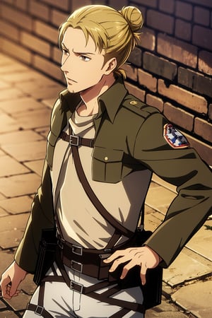 solo male, Eld Gin, Attack on Titan, blond hair, middle parting hair, single hair bun, brown eyes, sideburns, thin goatee, Scout Regiment uniform, white shirt underneath, brown jacket, white pants, knee boots, three-dimensional maneuver gear, mature, handsome, charming, alluring, standing, upper body, perfect anatomy, perfect proportions, best quality, masterpiece, high_resolution, dutch angle, cowboy shot, photo background
