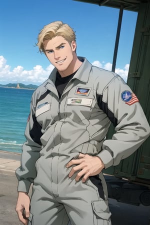 solo male, Lewis Smith \(Bang Brave Bang Bravern\), blond hair, short hair, blue eyes, (((grey pilot jumpsuit, gray pilot  jumpsuit))), black boots, mature, handsome, charming, alluring, grin, standing, upper body, perfect anatomy, perfect proportions, best quality, masterpiece, high_resolution, dutch angle, cowboy shot, photo background, on aircraft carrier, ocean, sky, muscular, beefy