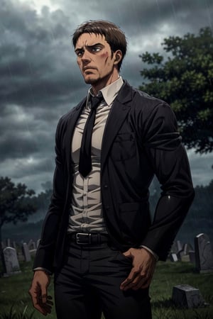 solo male, Artur Braus, Attack on Titan Anime style, shaggy brown hair, brown eyes, sideburns, stubble, pure white collared shirt, black necktie, (simple black jacket, close jacket, buttoned jacket:1.2), long sleeves, black pants, middle-age, mature, handsome, charming, alluring, standing, upper body, perfect anatomy, perfect proportions, best quality, masterpiece, high_resolution, cowboy shot, photo background, green field graveyard, rainy, sad, haggard, calm, front view
, aot style