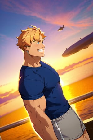 score_9,score_8_up,score_7_up, solo male, Lewis Smith \(Bang Brave Bang Bravern\), (blond hair), short hair, blue eyes,  blue t-shirt, grey shorts, mature, handsome, charming, alluring, grin, standing, upper body, perfect anatomy, perfect proportions, best quality, masterpiece, high_resolution, dutch angle, cowboy shot, photo background, on aircraft carrier, ocean, sky, muscular, beefy
