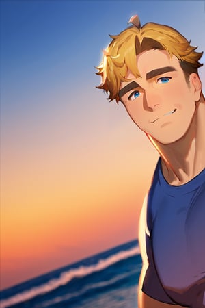 score_9,score_8_up,score_7_up, solo male, Lewis Smith \(Bang Brave Bang Bravern\), (blond hair), short hair, blue eyes,  blue t-shirt, grey shorts, mature, muscular, beefy, masculine, handsome, charming, alluring, standing, upper body,  affectionate eyes, lookat viewer, perfect anatomy, perfect proportions, best quality, masterpiece, high_resolution, dutch angle, cowboy shot, photo background, ocean, blue sky
