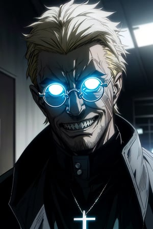 solo male, Alexander Anderson, Hellsing, Catholic priest, short silver-blond hair, green eyes, tanned skin, defined squared jaw, light facial hair, wedge-shaped scar on left cheek, (face in shadow, backlight), round glasses, (opaque glasses, glowing glasses:1.2), black clerical collar shirt with blue trim, (grey coat, open coat:1.2), white gloves, silver cross necklace, (single cross, accurate cross:1.2), mature, middle-aged, imposing, tall, handsome, charming, alluring, (crazy eyes, evil grin), (portrait, close-up, face focus), face only, perfect anatomy, perfect proportions, best quality, masterpiece, high_resolution, dutch angle, photo background, Vatican City, indoor