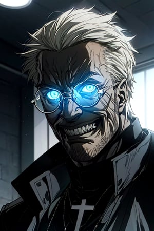 solo male, Alexander Anderson, Hellsing, Catholic priest, short silver-blond hair, green eyes, tanned skin, defined squared jaw, light facial hair, wedge-shaped scar on left cheek, (face in shadow, backlight), round glasses, (opaque glasses, glowing glasses:1.3), black clerical collar shirt with blue trim, (grey coat, open coat:1.2), white gloves, silver cross necklace, (single cross, accurate cross:1.2), mature, middle-aged, imposing, tall, handsome, charming, alluring, (crazy eyes, evil grin:1.3), (portrait, close-up, face focus), face only, perfect anatomy, perfect proportions, best quality, masterpiece, high_resolution, dutch angle, photo background, Vatican City, indoor