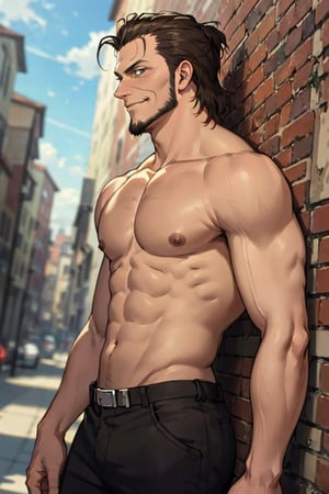 solo male, Kenny Ackerman, Attack on Titan Anime style, brown hair, hair slicked back, grey eyes, sideburns, thin beard along jawline, complete, ((topless, shietless)), black pants, athletic build, middle-age, mature, handsome, charming, alluring, smirk, standing, upper body, perfect anatomy, perfect proportions, best quality, masterpiece, high_resolution, dutch angle, cowboy shot, photo background