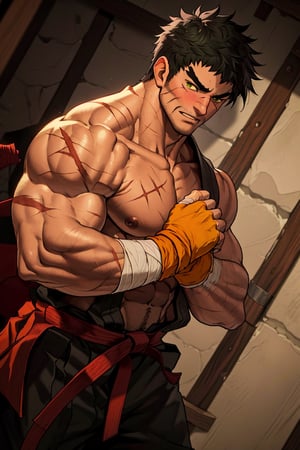solo male, Grappler, Dungeon Fighter Online, black hair, short hair, brown eyes, thick eyebrows, forked eyebrows, stubble, green eyes, scars on face, scar on cheek, scar on chest, pectorals, pectoral cleavage, rn black dougi, black martial arts pants, red martial arts belt, yellow fingerless gloves, barefoot, bandaged hand, toned male, mature, masculine, hunk, handsome, charming, alluring, erotic, (blush, shy, clothes down, undressing), upper body, perfect anatomy, perfect proportions, ((perfect eyes, perfect, parfect fingers)), best quality, masterpiece, high_resolution, dutch angle, photo background
