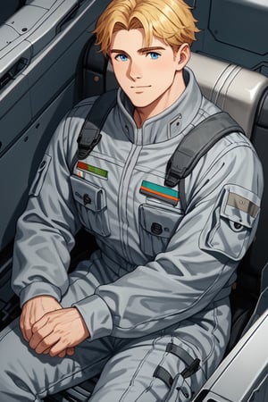 score_9,score_8_up,score_7_up, solo male, Lewis Smith \(Brave Bang Bravern\), ((blond hair)), short hair, blue eyes, (((grey pilot jumpsuit, gray pilot  jumpsuit, grey sleeves))), black boots, mature, handsome, charming, alluring, muscular, beefy, sitting, mecha cockpit, upper body, perfect anatomy, perfect proportions, best quality, masterpiece, high_resolution, dutch angle, photo background, science fiction, mecha, multiple monitors, cinematic, war,Lewis Smith