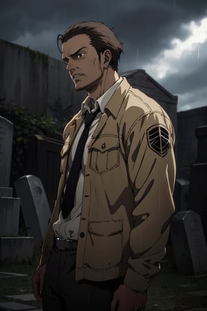 solo male, Artur Braus, Attack on Titan Anime style, hunter, shaggy brown hair, hair slicked back, brown eyes, sideburns, thin stubble, white collared shirt, black necktie, black jacket, close jacket, long sleeves, black pants, middle-age, mature, handsome, charming, alluring, standing, upper body, perfect anatomy, perfect proportions, best quality, masterpiece, high_resolution, dutch angle, cowboy shot, photo background, graveyard, rainy, cloudy, sad, haggard

