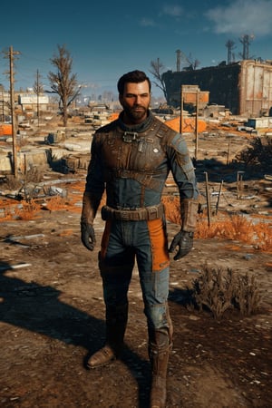 solo male, realistic, Paladin Danse, Fallout 4, short hair, warm black hair, light brown eyes, beard, orange-gray Brotherhood of Steel uniform, orange-gray bodysuit, gloves, boots, mature, handsome, charming, alluring, standing, upper body, perfect anatomy, perfect proportions, best quality, masterpiece, high_resolution, dutch angle, cowboy shot, photo background, ruined overhead interstate, Fallout 4 location, post-apocalyptic ruins, desolated landscape, dark blue sky,Masterpiece