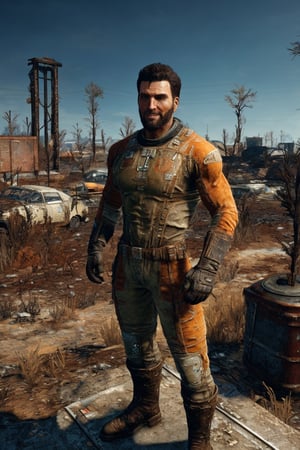 solo male, realistic, Paladin Danse, Fallout 4, short hair, warm black hair, light brown eyes, beard, orange-gray Brotherhood of Steel uniform, orange-gray bodysuit, gloves, boots, mature, handsome, charming, alluring, standing, upper body, perfect anatomy, perfect proportions, best quality, masterpiece, high_resolution, dutch angle, cowboy shot, photo background, ruined overhead interstate, Fallout 4 location, post-apocalyptic ruins, desolated landscape, dark blue sky