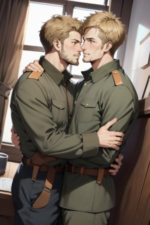 couple, ((2people)), first man (jean_kirstein, brown hair, stubble, light brown eyes),second mature man receiver(reiner braun, blond hair, stubble, hazel eyes, chiseled jaw), ((uniform)), short hair, stubble, dilf, different hair style, different hair color, different face, makeout, eye contact, gay, homo, skight shy, charming, alluring, seductive, highly detailed face, detailed eyes, perfect light, 1910s military office room, retro, (best quality), (8k), (masterpiece), best quality, 1 image, ww1ger,  rugged, manly, hunk, perfect anatomy, perfect proportions, perfect perspective, hug,hug,1boy,1girl
