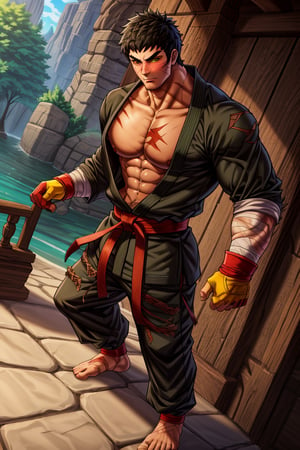 solo male, Grappler, Dungeon Fighter Online, black hair, short hair, brown eyes, thick eyebrows, forked eyebrows, stubble, green eyes, scars on face, scar on cheek, scar on chest, pectorals, pectoral cleavage, rn black dougi, black martial arts pants, red martial arts belt, yellow fingerless gloves, barefoot, bandaged hand, toned male, mature, masculine, hunk, handsome, charming, alluring, (blush, shy, clothes down, undressing), upper body, perfect anatomy, perfect proportions, ((perfect eyes, perfect, parfect fingers)), best quality, masterpiece, high_resolution, dutch angle, photo background