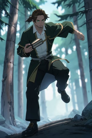 solo male, Sein \(Frieren: Beyond Journey's End\), priest, brown hair, low ponytail, parted bangs, thin hair, stubble, green eyes, white collared shirt, (shirt white hems, untucked shirt:1.3), dark coat with a golden accent, dark capelet, dark sleeves, black pants, black footwear. open coat, mature, handsome, charming, alluring, serious, intense eyes, fighting stance, light beam, (night, dark) holding a book, magic, glowing, perfect anatomy, perfect proportions, best quality, masterpiece, high_resolution, dutch angle, cowboy shot, photo background, forest, Balance and coordination between all things), real light and shadow, perspective, composition, adventurous, energy, exploration, contrast, experimental, unique, cinematic, atmospheric, epi, ultrarealsitc,EpicSky