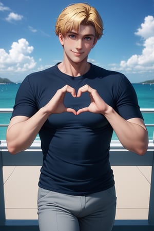 score_9,score_8_up,score_7_up, (solo male), Lewis Smith, (blond hair), short hair, blue eyes, ((pure black t-shirt, untucked t-shirt, hems, grey pants)), upperbody, handsome, charming, alluring, smile, (heart hands pose),  (mature male, muscular, masculine face, hunky, virile, manly, beefy), standing, (cowboy shot, dutch angle), perfect anatomy, perfect proportions, best quality, masterpiece, high_resolution, dutch angle, photo background, science fiction, mecha, cinematic still, emotional, harmonious, bokeh, cinemascope, moody, epic, gorgeous, on flight deck of aircraft carrier, ocean, sky outdoor, sky