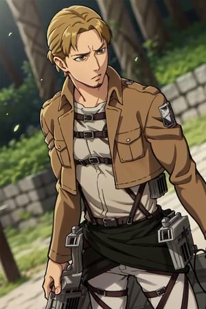 solo male, Eld Gin, Attack on Titan, blond hair, middle parting hair, single hair bun, brown eyes, sideburns, thin goatee, Scout Regiment uniform, white shirt underneath, brown jacket, white pants, knee boots, three-dimensional maneuver gear, mature, handsome, charming, alluring, standing, upper body, perfect anatomy, perfect proportions, best quality, masterpiece, high_resolution, dutch angle, cowboy shot, photo background,AttackonTitan