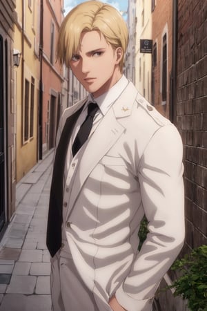 solo male, Colt Grice, blond hair, light hazel eyes, tall, Marleyan soldier uniform, (white collar, shirt, black necktie:1.2), (light trench coat, light pants), tall combat boots, young, handsome, charming, alluring, standing, (portrait, headshot, close-up:1.3), perfect anatomy, perfect proportions, best quality, masterpiece, high_resolution, dutch angle, photo background, medieval italian city wide avenue, day, high building, multiple floor townhouse,masterpiece