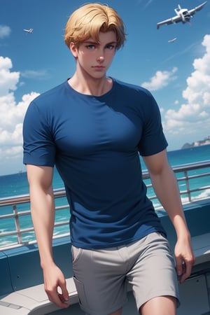 score_9,score_8_up,score_7_up, (solo male), Lewis Smith, (blond hair), short hair, blue eyes, ((pure blue t-shirt, untucked t-shirt, hems, grey shorts)), upperbody, mature, handsome, charming, alluring, (masculine, virile, manly, beefy), standing, (cowboy shot, dutch angle), perfect anatomy, perfect proportions, best quality, masterpiece, high_resolution, dutch angle, photo background, science fiction, mecha, cinematic still, emotional, harmonious, bokeh, cinemascope, moody, epic, gorgeous, on aircraft carrier, ocean, sky outdoor, sky
