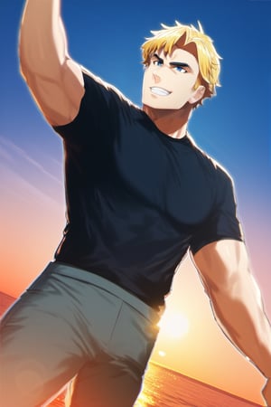 score_9,score_8_up,score_7_up, (solo male), Lewis Smith, (blond hair), short hair, blue eyes, ((pure black t-shirt, untucked t-shirt, hems, grey military pants)), upperbody, handsome, charming, alluring, grin, (mature male, masculine, tone body), standing, (cowboy shot, dutch angle), perfect anatomy, perfect proportions, best quality, masterpiece, high_resolution, dutch angle, photo background, science fiction, mecha, cinematic still, emotional, harmonious, bokeh, cinemascope, moody, epic, gorgeous, on flight deck of aircraft carrier, ocean, blue sky outdoor, sky