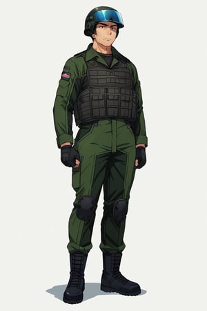 score_9, score_8_up, score_7_up, score_6_up, (solo, male focus), Isami Ao, brown eyes, (sanpaku, constricted pupils), green pilot jumpsuit, dark green tactical vest, black neck guard, tactical gloves, black boots, (helmet), blue visor, eyes behind visor, full body, standing, perfect face, perfect mouth, perfect eyes, toned body, muscular, arrogant, despise, simple background, white background 