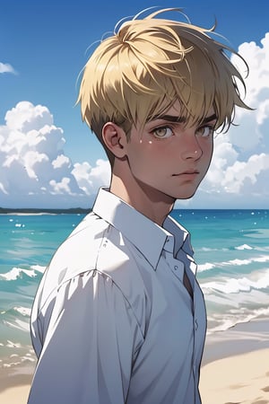 Armin Arlet(blonde hair,:1.2), (hazel eyes:1.4), pure white collared shirt, charming, alluring, dejected, depressed, sad, (standing), (upper body in frame), simple background(beach, sunny day, endless ocean, mid day), backlight, cloudy blue sky, perfect light, only 1 image, perfect anatomy, perfect proportions, perfect perspective, 8k, HQ, (best quality:1.5, hyperrealistic:1.5, photorealistic:1.4, madly detailed CG unity 8k wallpaper:1.5, masterpiece:1.3, madly detailed photo:1.2), (hyper-realistic lifelike texture:1.4, realistic eyes:1.2), picture-perfect face, perfect eye pupil, detailed eyes, realistic, HD, UHD, (front view, symmetrical picture, vertical symmetry:1.2), look at viewer, tear in eyes
