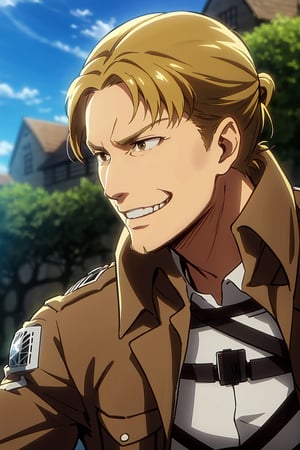 solo male, Eld Gin, Attack on Titan, blond hair, middle parting hair, single hair bun, brown eyes, sideburns, thin goatee, Scout Regiment uniform, white shirt underneath, brown jacket, white pants, three-dimensional maneuver gear, mature, handsome, charming, alluring, (portrait, close-up), smile, perfect anatomy, perfect proportions, best quality, masterpiece, high_resolution, dutch angle, photo background, AttackonTitan
