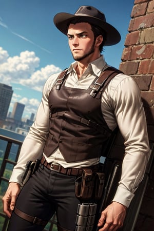solo male, Kenny Ackerman, Attack on Titan Anime style, brown hair, hair slicked back, grey eyes, sideburns, thin beard along jawline, white collared shirt, long sleeves, (simple black vest, long vest), black pants, (dark fedora hat), (vertical maneuvering equipment, metal armor, holster), athletic build, middle-age, mature, handsome, charming, alluring, standing, upper body, perfect anatomy, perfect proportions, best quality, masterpiece, high_resolution, dutch angle, cowboy shot, photo background
