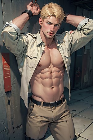 reiner braun, hazel eyes, blond hair, short hair, stubble, fit body, slim waist, (wearing pure white collared shirt, open unbutton shirt, military green pants, black combat boots), show chest, show belly, show abdomen, bulky, charming, alluring, seductive, erotic, enchanting, (standing), arms raised, thick handcuffs, realistic, HD, UHD, top view, tied_wrist:2, navel, looking_at_viewer,
8k,HQ,(best quality:1.5,hyperrealistic:1.5, photorealistic:1.4,madly detailed CG unity 8k wallpaper:1.5, masterpiece:1.3,madly detailed photo:1.2), (hyper-realistic lifelike texture:1.4,realistic eyes:1.2), picture-perfect face
