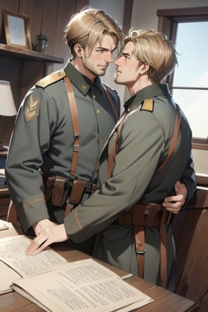 ((2peoplei)), 1 mature man giver(brown hair),1 mature dad receiver(blond hair), looking each other, ((uniform)), short hair, stubble, dilf, different hair style, different hair color, different face, makeout, eye contact, gay, homo, skight shy, charming, alluring, seductive, highly detailed face, detailed eyes, perfect light, 1910s military office room, retro, (best quality), (8k), (masterpiece), best quality, 1 image, ww1ger,  rugged, manly, hunk, perfect anatomy, perfect proportions, perfect perspective, hug