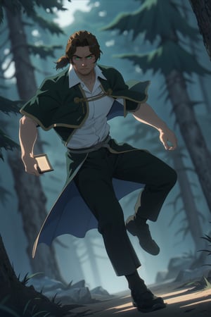 solo male, Sein \(Frieren: Beyond Journey's End\), priest, brown hair, low ponytail, parted bangs, thin hair, stubble, green eyes, white collared shirt, (shirt white hems, untucked shirt:1.3), dark coat with a golden accent, dark capelet, dark sleeves, black pants, black footwear. open coat, mature, handsome, charming, alluring, serious, intense eyes, fighting stance, light beam, (night, dark) holding a book, magic, glowing, perfect anatomy, perfect proportions, best quality, masterpiece, high_resolution, dutch angle, cowboy shot, photo background, forest, Balance and coordination between all things), real light and shadow, perspective, composition, adventurous, energy, exploration, contrast, experimental, unique, cinematic, atmospheric, epi, ultrarealsitc