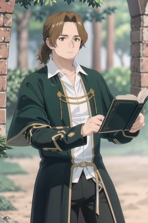 solo male, Sein \(Frieren: Beyond Journey's End\), priest, brown hair, low ponytail, parted bangs, thin hair, stubble, green eyes, white collared shirt, (shirt white hems, untucked shirt:1.3), dark coat with a golden accent, dark capelet, dark sleeves, black pants, black footwear. open coat, mature, handsome, charming, alluring, serious, fighting stance, holding a book, magic, upper body, perfect anatomy, perfect proportions, best quality, masterpiece, high_resolution, dutch angle, cowboy shot, photo background, forest, Balance and coordination between all things), real light and shadow, perspective, composition, adventurous, energy, exploration, contrast, experimental, unique, cinematic, atmospheric, epi, ultrarealsitc